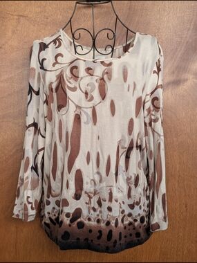 Chico's Cream and Brown Printed Long-Sleeve Top